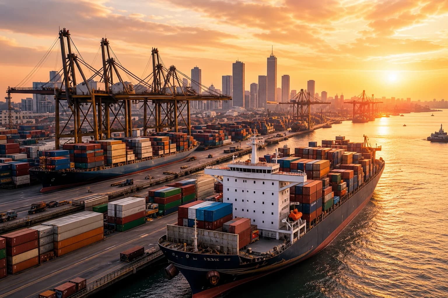 International container port at golden hour